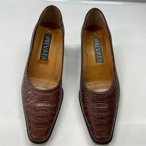 PREVATA Women's Brown Croc Embossed Leather Square Toe Block Heel Pumps Size 5.5